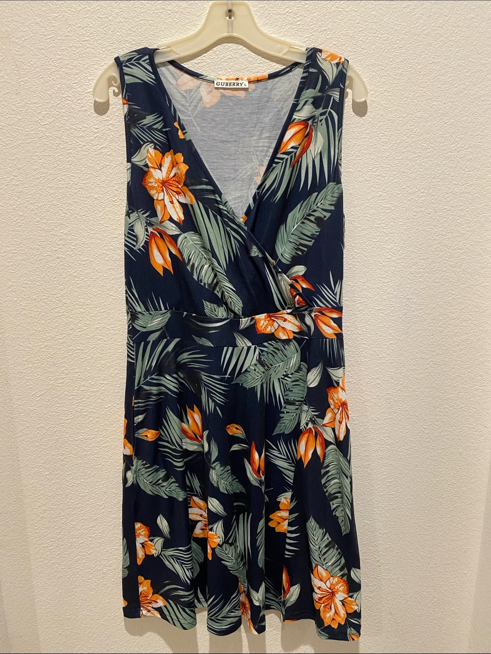 Sleeveless Navy Tropical Wrap-Front Dress